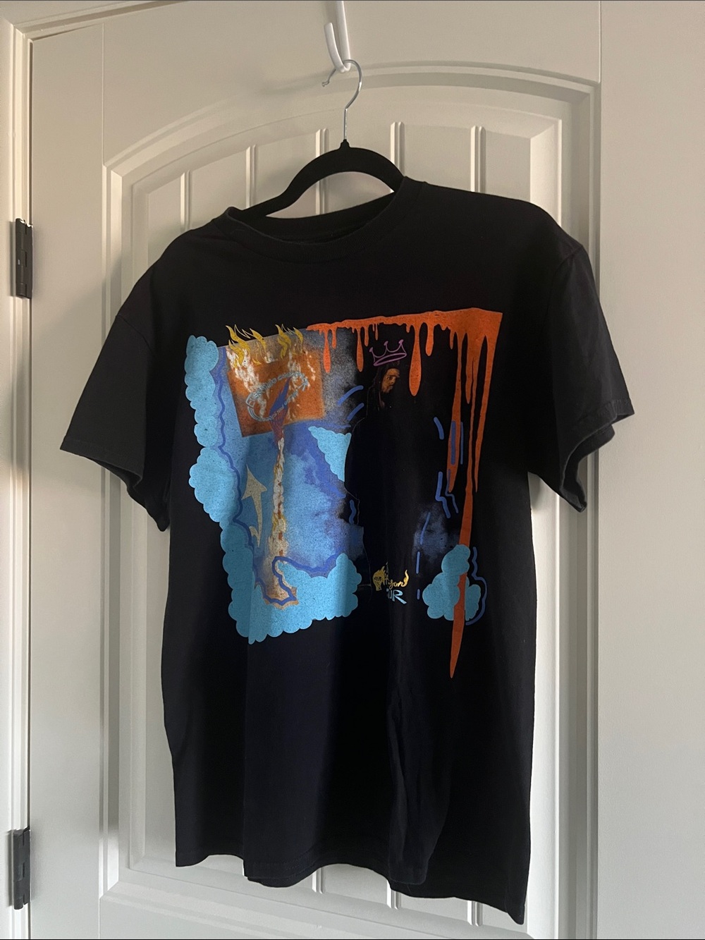 3 for $20 Black Graphic Crewneck T-Shirt with Blue and Orange Art